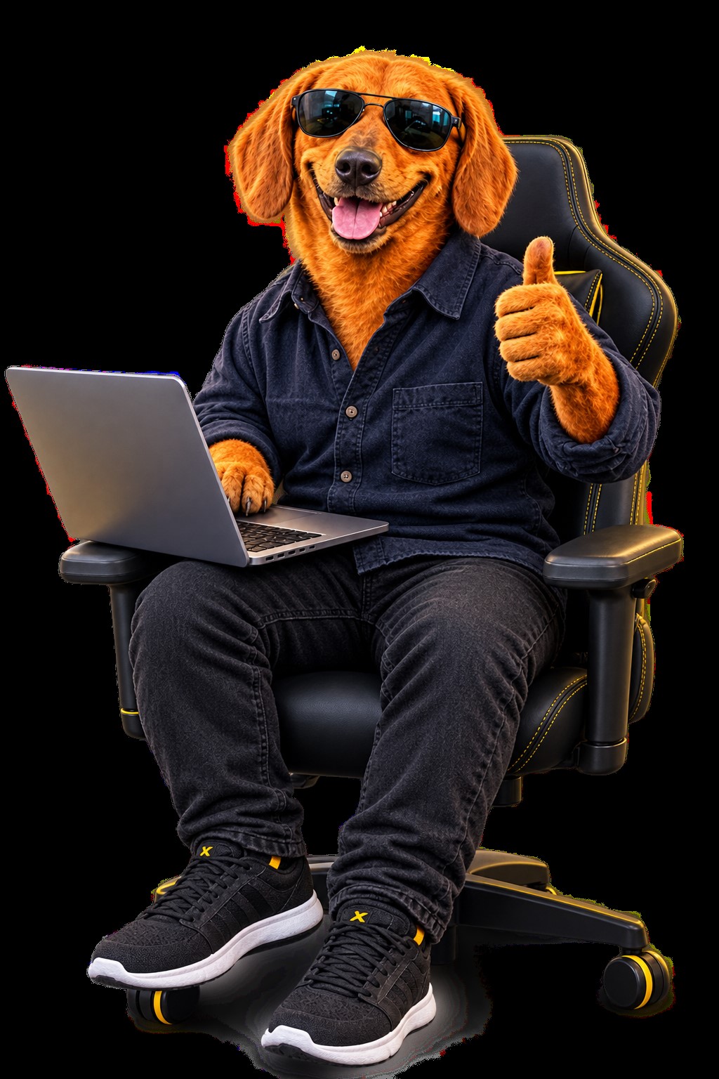 La mascota de Walotech, versión programador: gafas de sol, laptop y pulgar arriba.